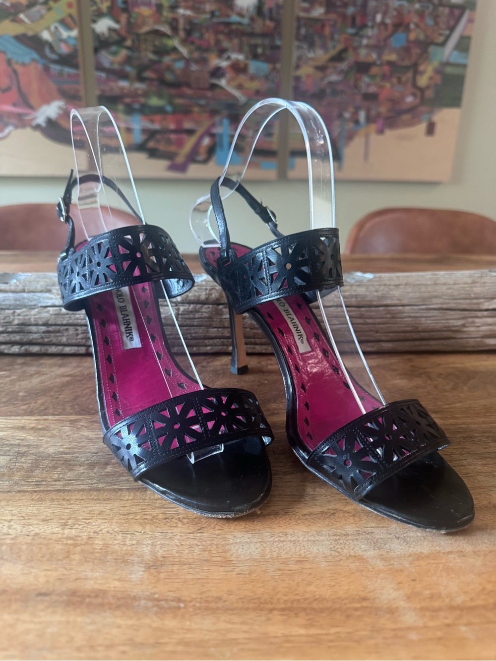 Manolo Blahnik Black Laser-Cut Leather Slingback Heels